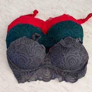 PINK Victoria's Secret Lace Bralette Trio - Red, Emerald, Gray